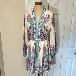 Paisley Long Sleeve Dress in Cream and Blue